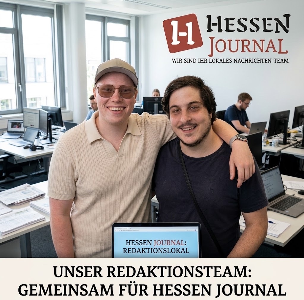Florian Keller und Can Saglam stehen Arm in Arm und lächeln in die Kamera; Hintergrund KI-generiert