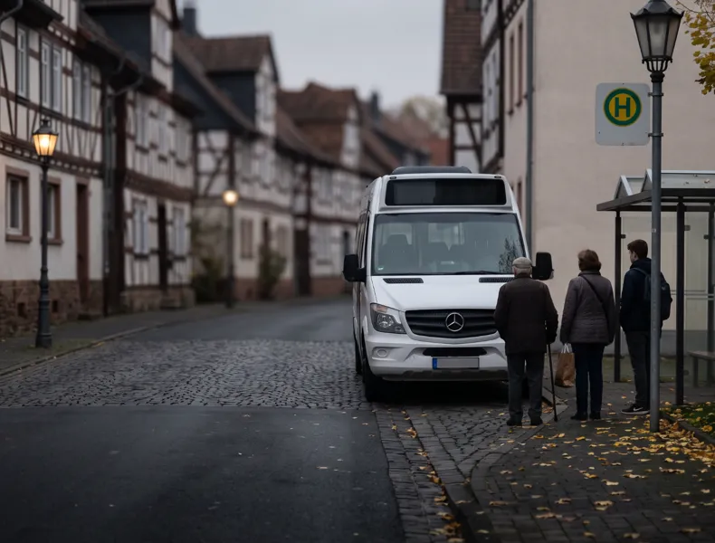 Symbolbild (KI-generiert): Kleiner weißer Stadtbus an einer Haltestelle in einer Fachwerk-Kleinstadt, drei Menschen warten am Bordstein.